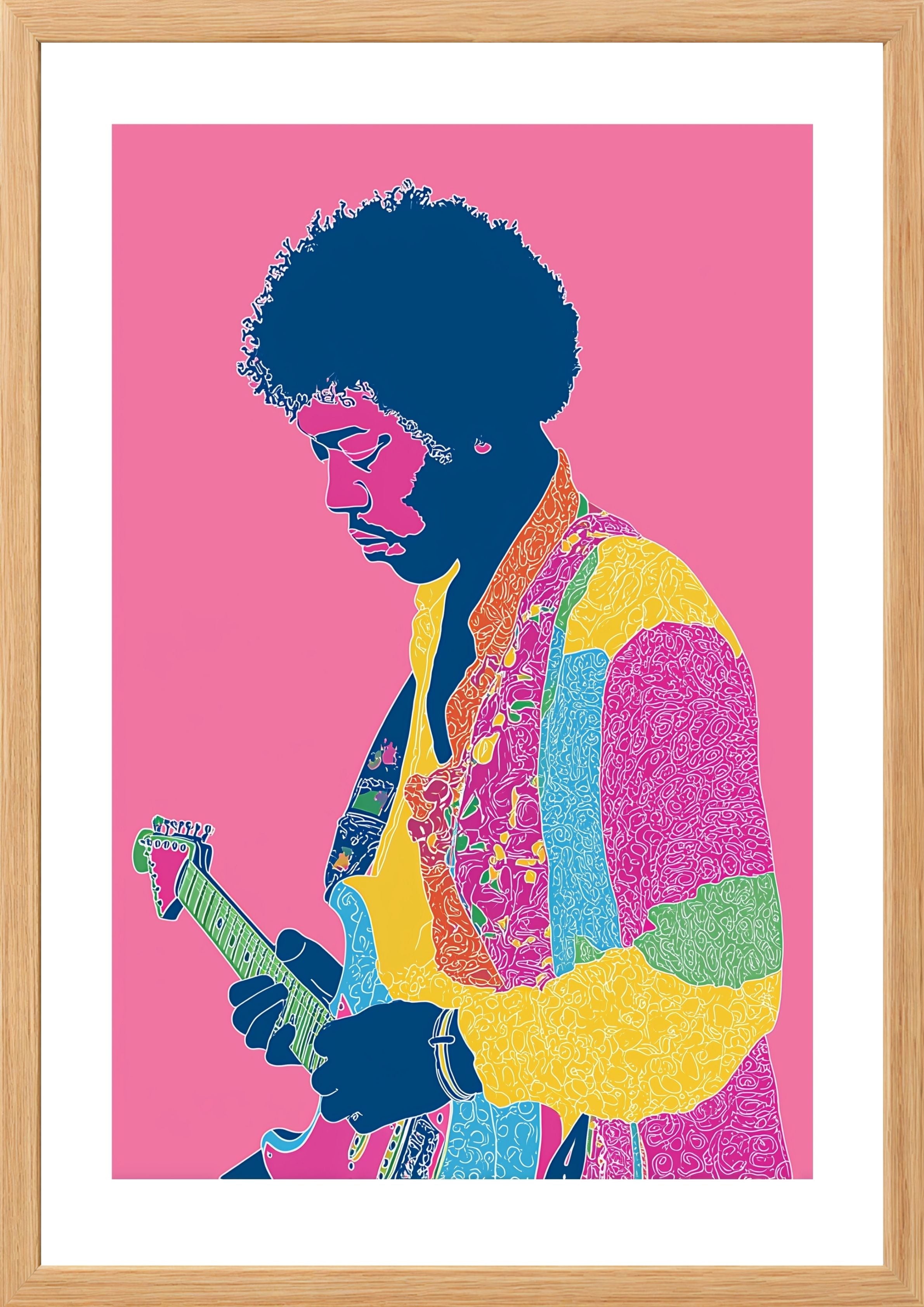 Jimi Hendrix on pink background art print in timber frame