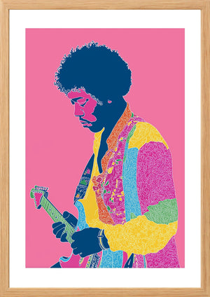 Jimi Hendrix on pink background art print in timber frame