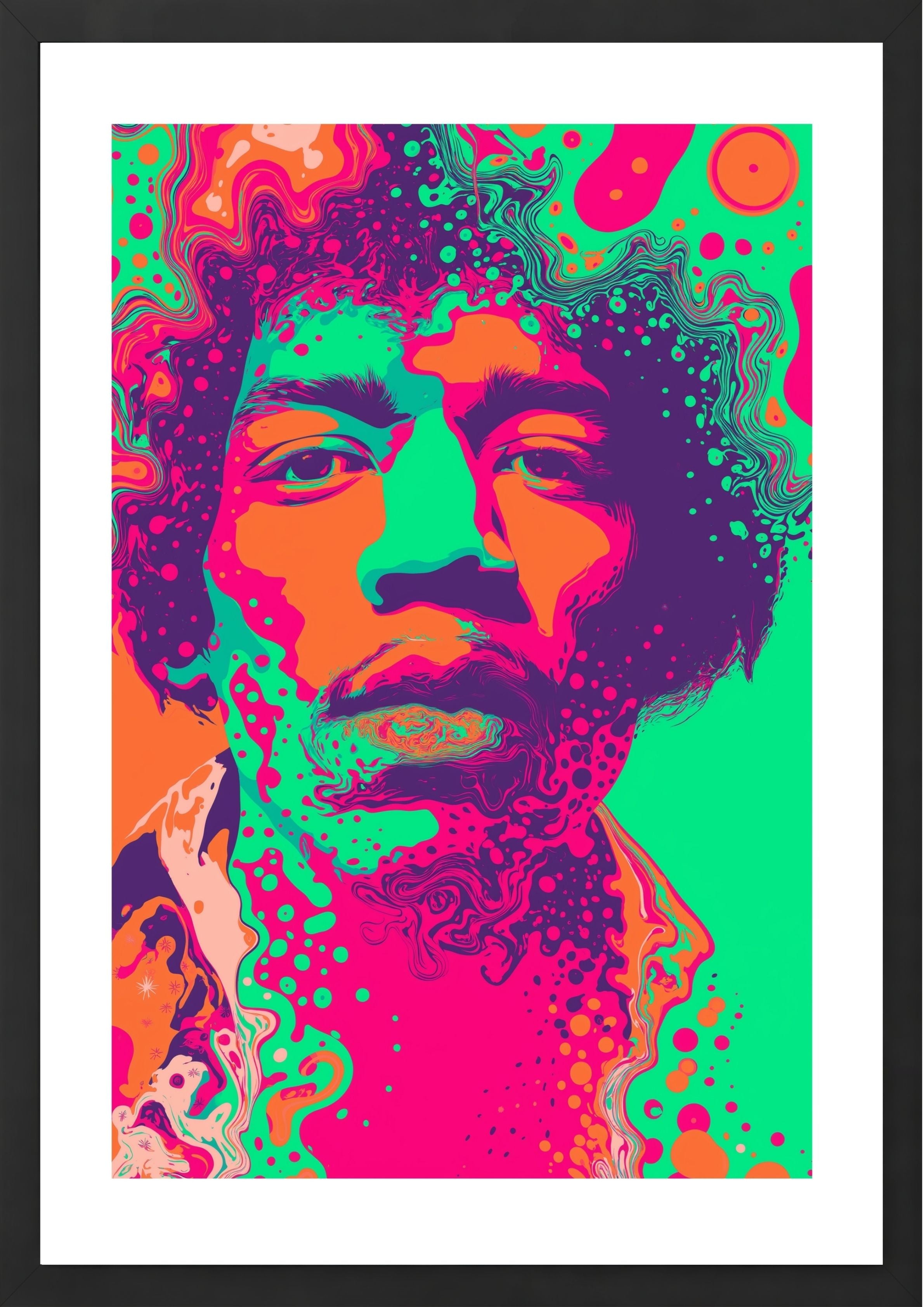 Colorful abstract portrait of Jimi Hendrix with vibrant hues on a green background