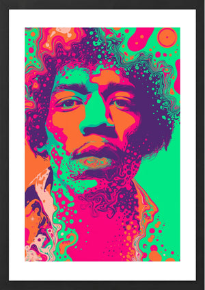 Colorful abstract portrait of Jimi Hendrix with vibrant hues on a green background
