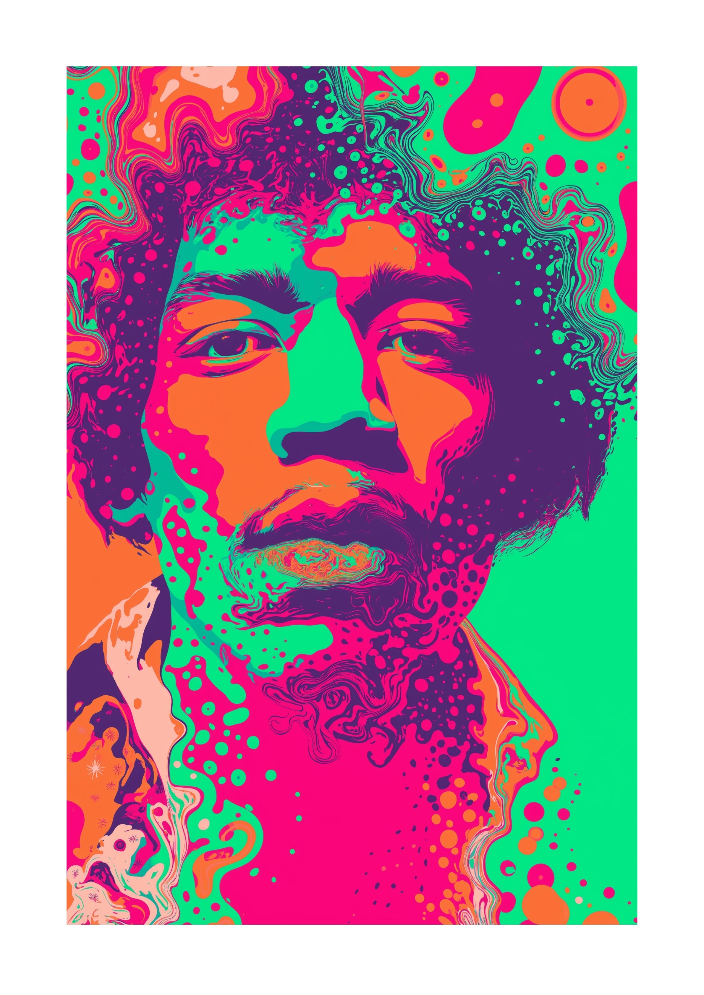 Colorful abstract portrait of Jimi Hendrix with vibrant hues on a white background