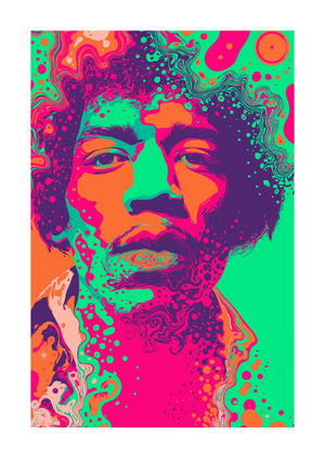Colorful abstract portrait of Jimi Hendrix with vibrant hues on a white background