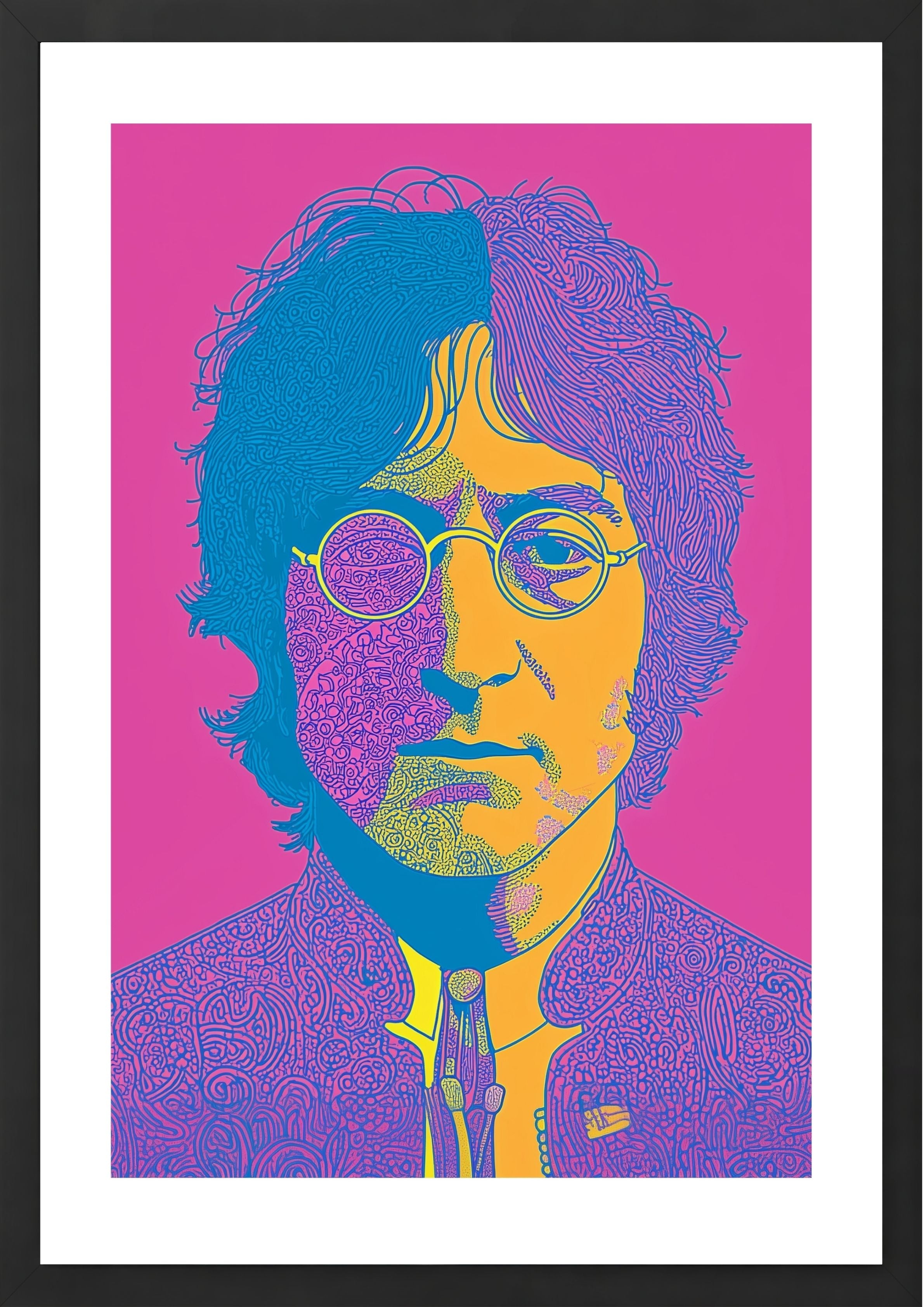 John Lennon art print pink yellow and blue pop art print in black frame