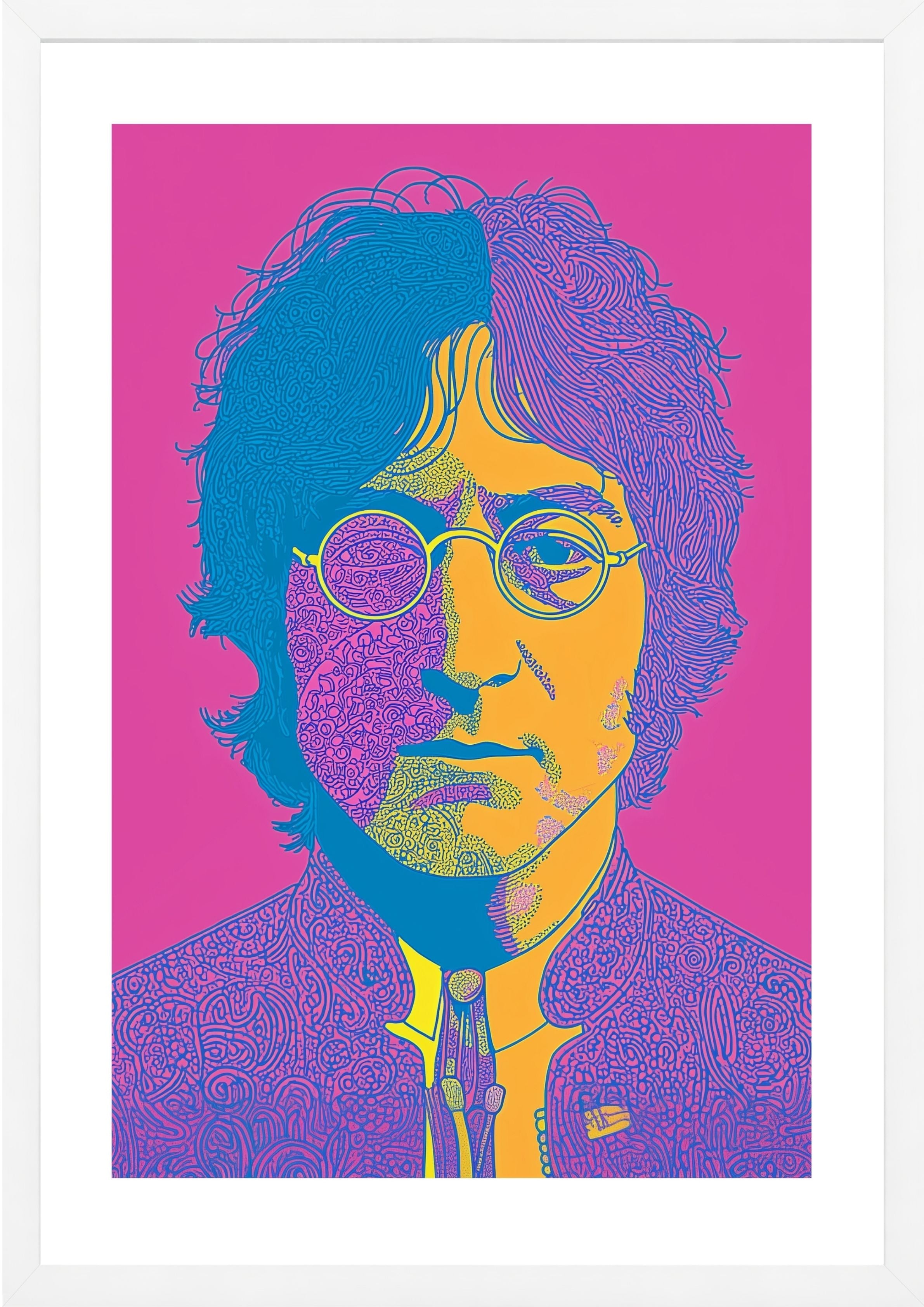 John Lennon art print pink yellow and blue pop art print in white frame