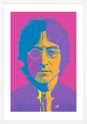 John Lennon art print pink yellow and blue pop art print in white frame