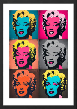 Marilyn Monroe Warhol style, 6 colourful squares, art print black frame