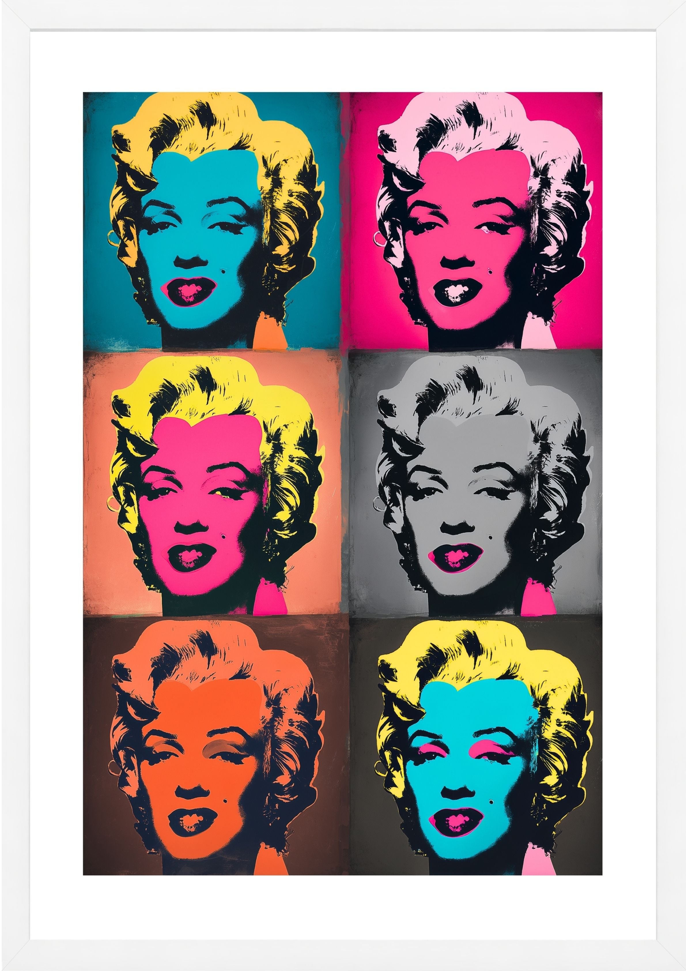 Marilyn Monroe Warhol style, 6 colourful squares, art print white frame
