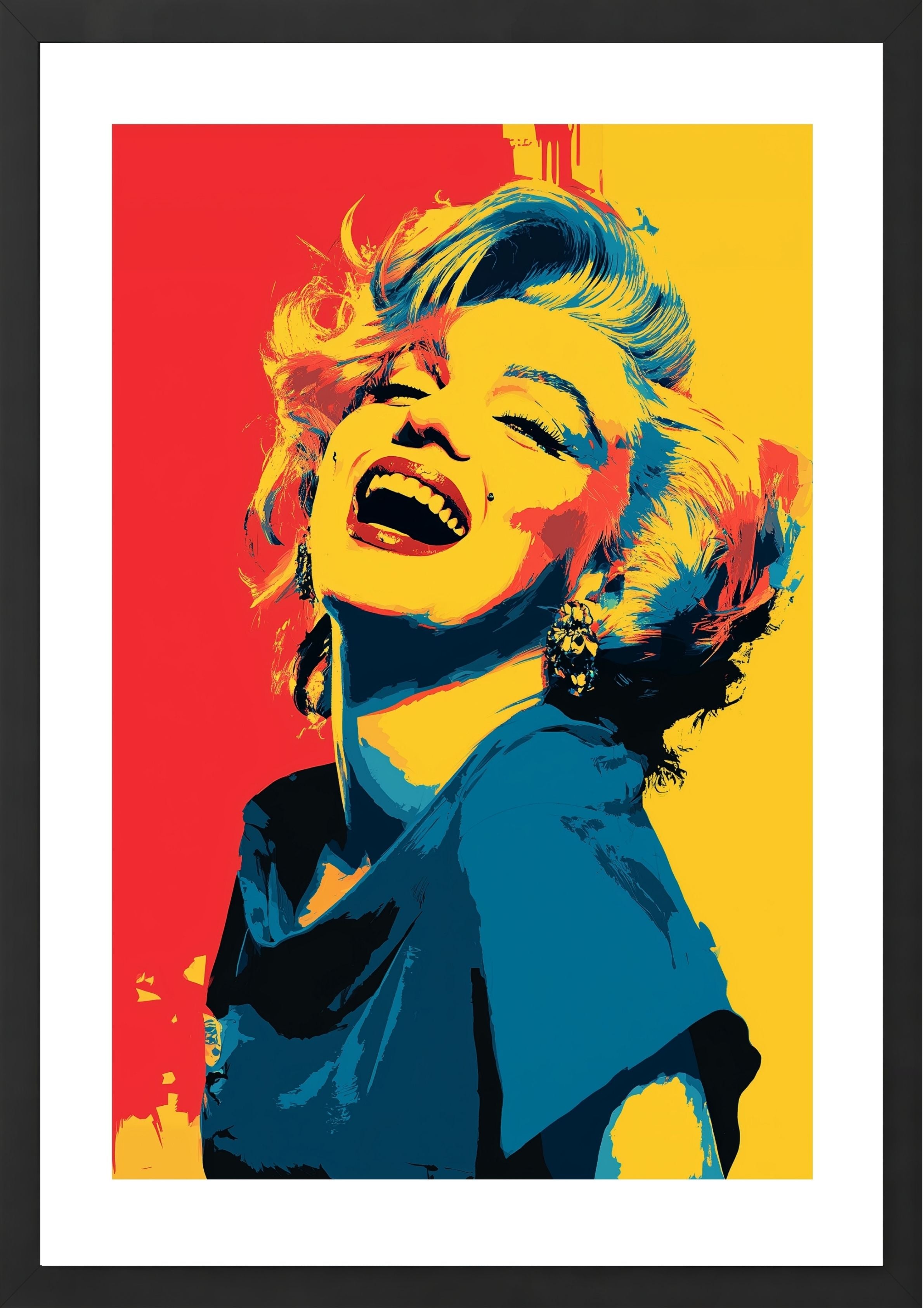 Marilyn Monroe laughing pop art print yellow red blue in black frame