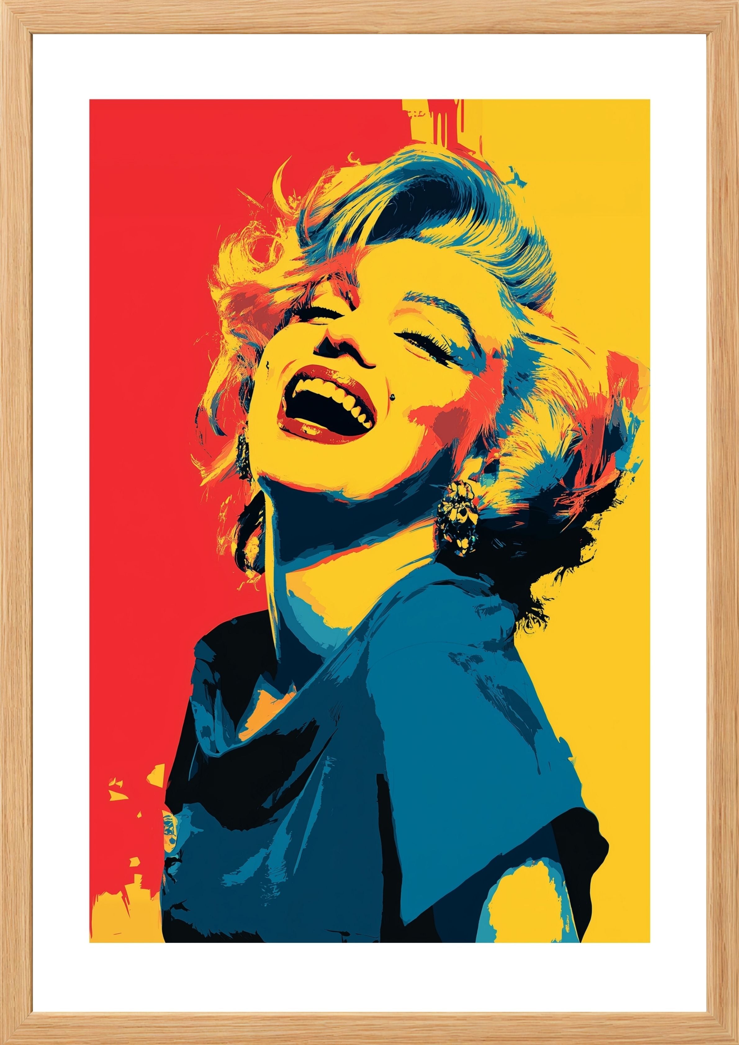 Marilyn Monroe laughing pop art print yellow red blue in timber frame