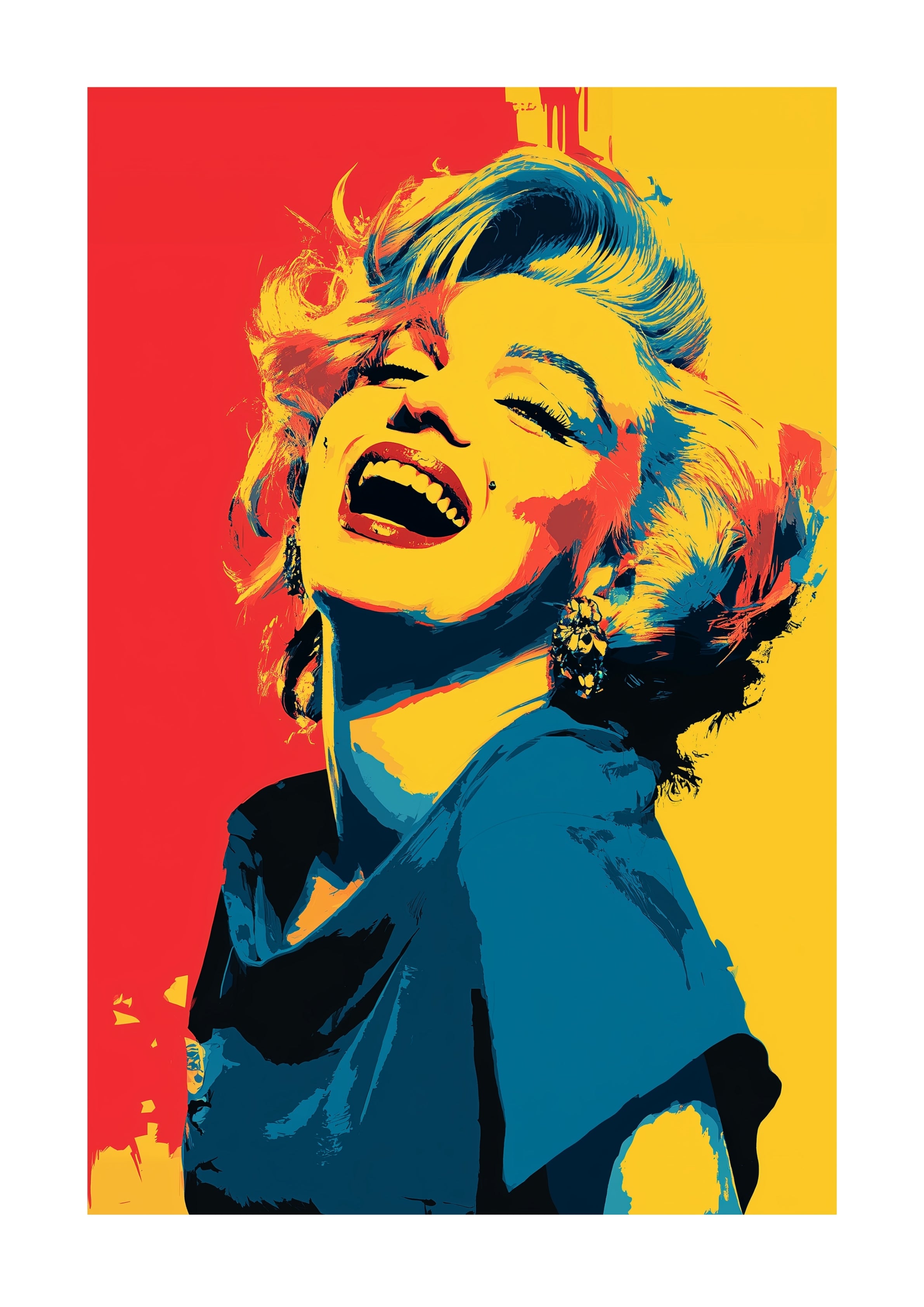 Marilyn Monroe laughing pop art print yellow red blue unframed print