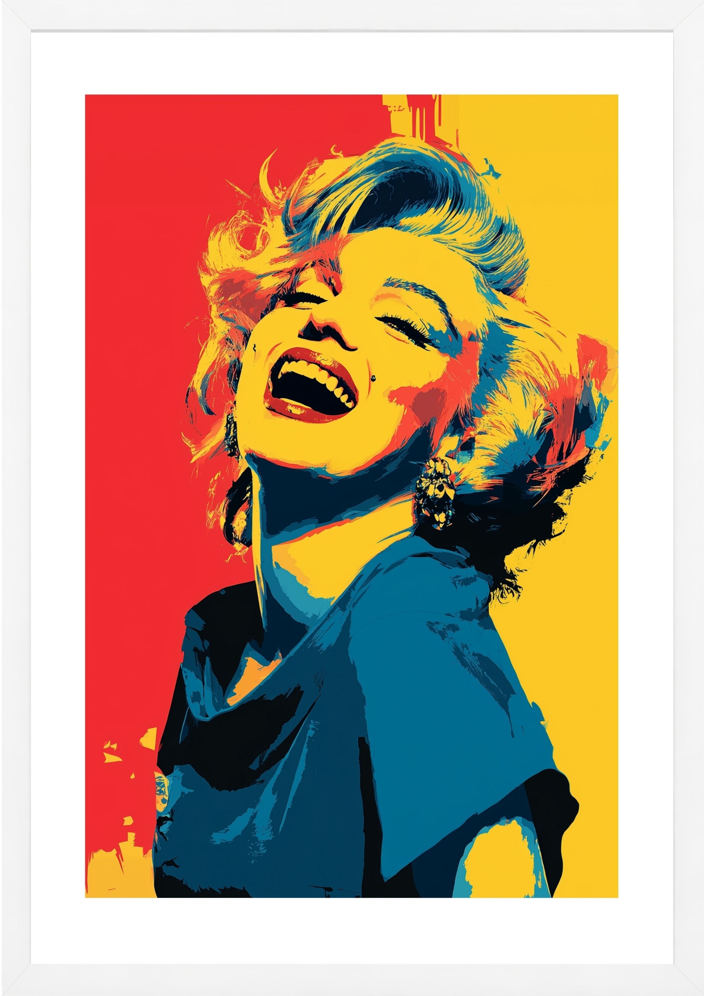 Marilyn Monroe laughing pop art print yellow red blue in white frame