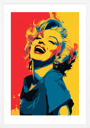 Marilyn Monroe laughing pop art print yellow red blue in white frame