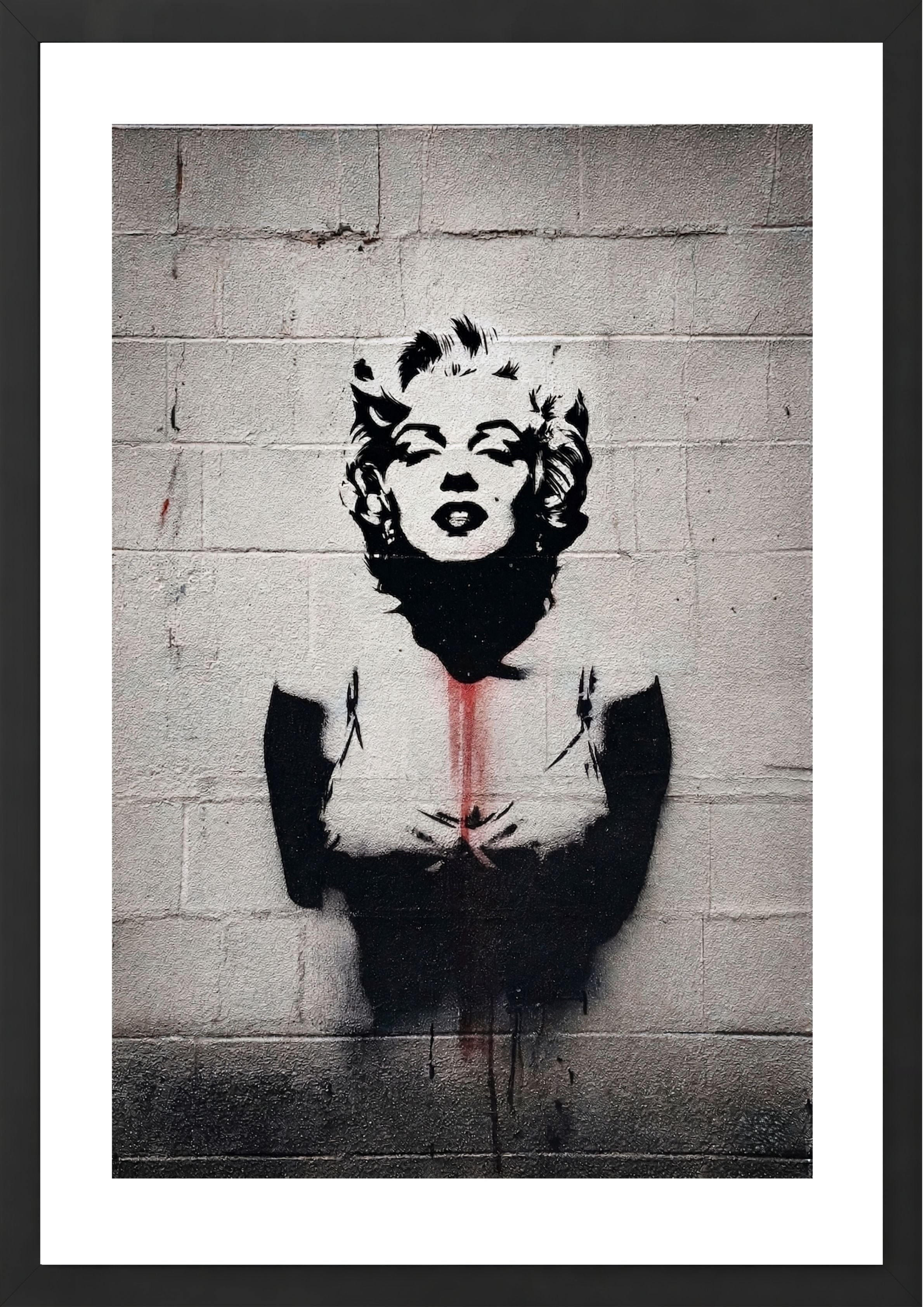 Marilyn Monroe painted on concrete wall art print in black frame