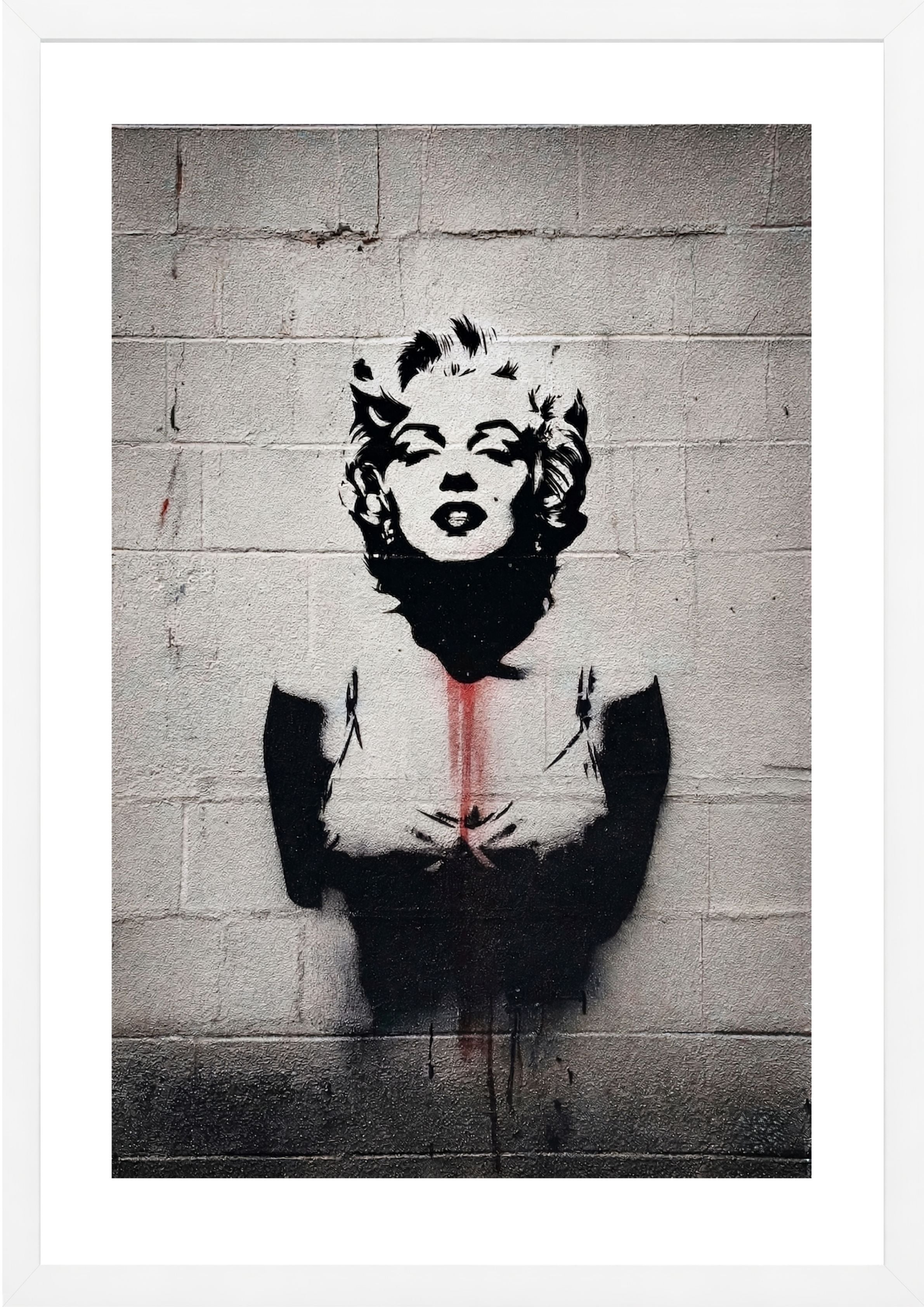 Marilyn Monroe painted on concrete wall art print in white frame