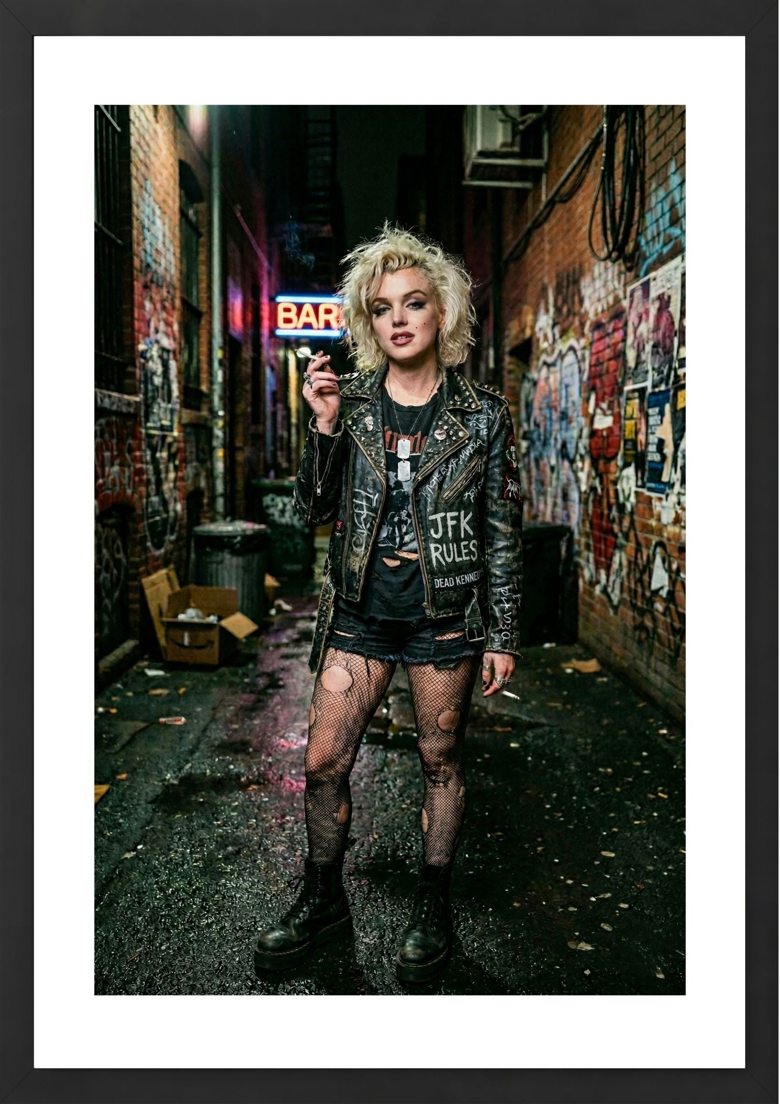 Marilyn Monroe dressed like punk in alleyway print in black frame