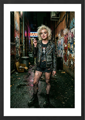 Marilyn Monroe dressed like punk in alleyway print in black frame