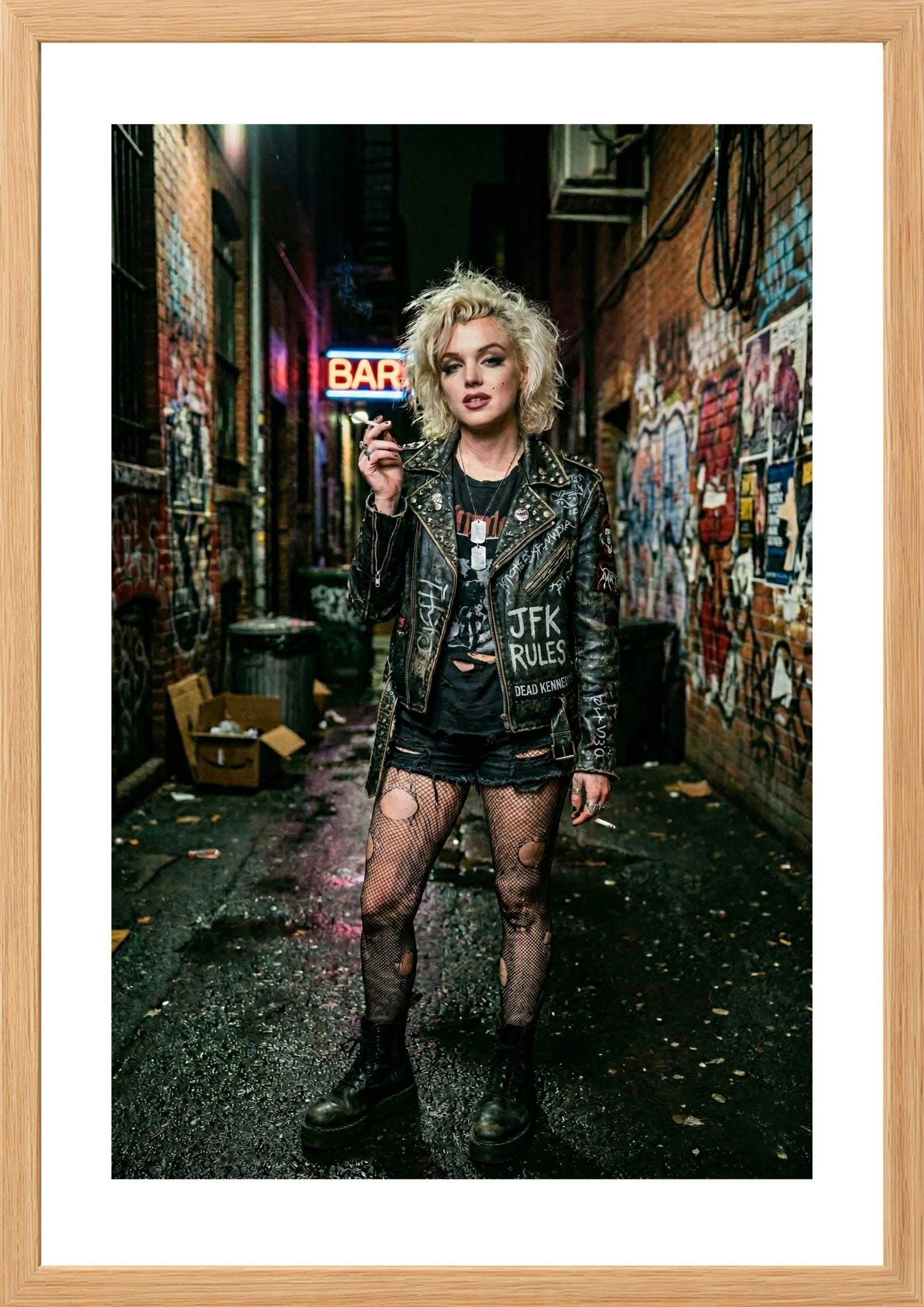 Marilyn Monroe dressed like punk in alleyway print in timber frame