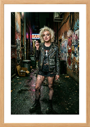 Marilyn Monroe dressed like punk in alleyway print in timber frame