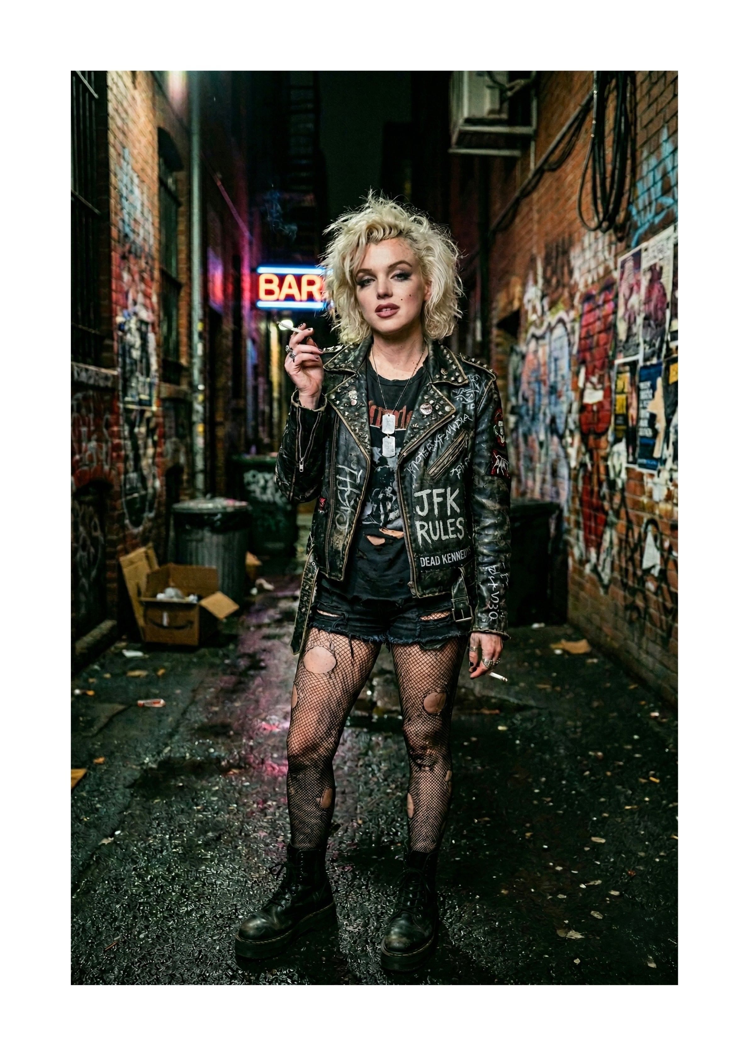 Marilyn Monroe dressed like punk in alleyway unframed print
