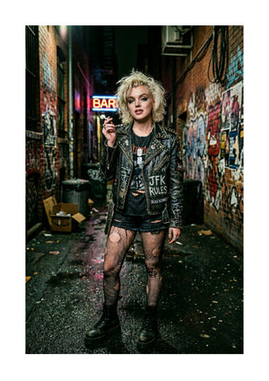 Marilyn Monroe dressed like punk in alleyway unframed print
