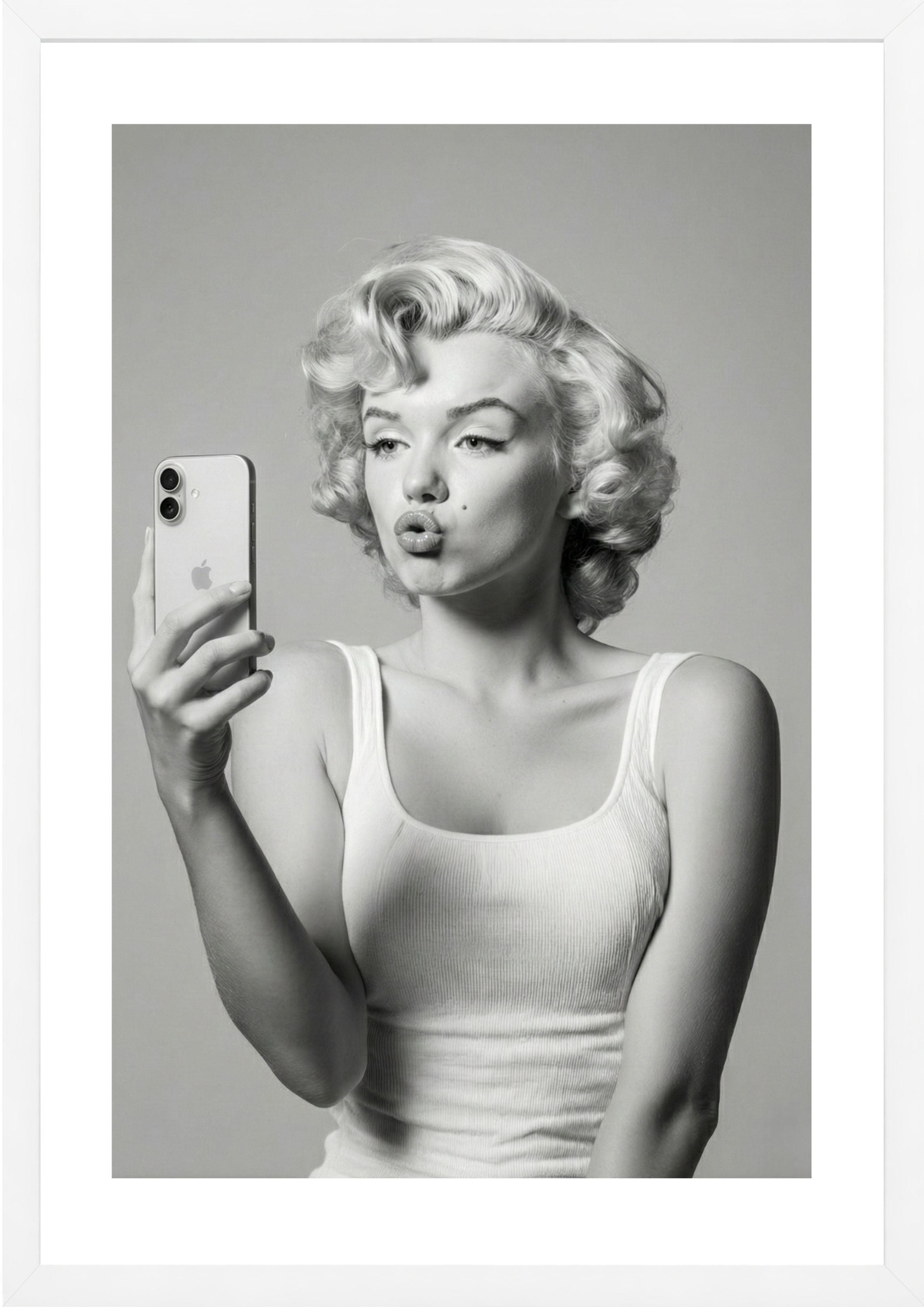 Marilyn Monroe black and white taking a selfie art print white frame