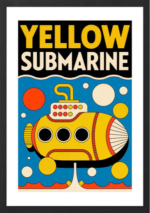 Yellow submarine graphic with text on a blue background